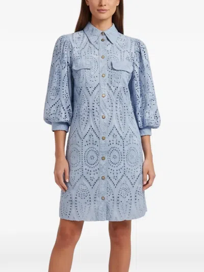 Pre-owned Ganni Broderie-anglaise Balloon-sleeve Shirt Mini Dress In Blue
