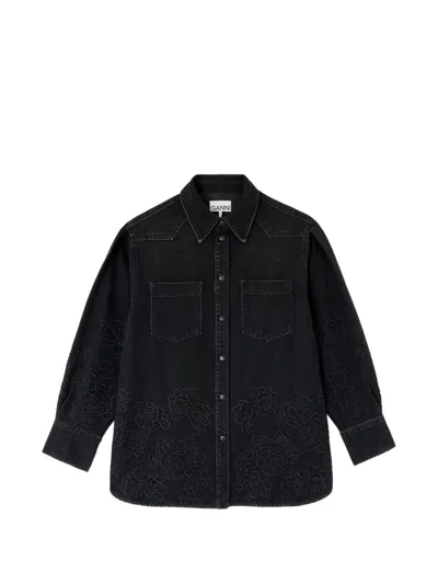 Ganni Floral-embroidered Washed Denim Shirt In Multi