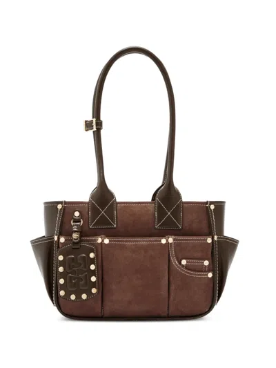 Ganni Stud Embellished Shoulder Bag In Brown