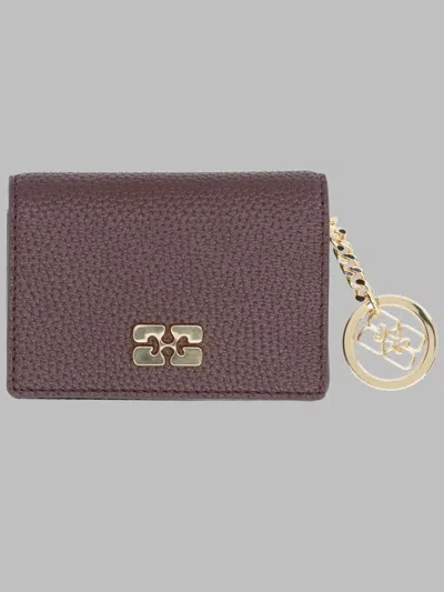 Ganni Flap Card Holder In Grained Leather In Purple