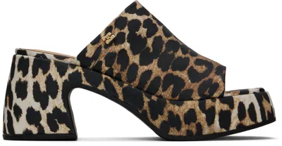 GANNI BROWN & BLACK LEOPARD BUTTERFLY PLATFORM SATIN HEELED SANDALS