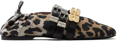 Ganni Leopard-print Logo Detailed Ballet Flats In Multi