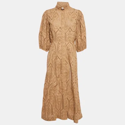 Pre-owned Ganni Brown Anglaise Broderie Cotton Button Front Midi Dress L