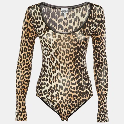 Pre-owned Ganni Brown Animal Printed Jersey Bodysuit S