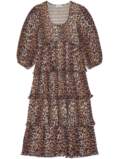 GANNI BROWN BROWN LEOPARD PRINT MIDI DRESS