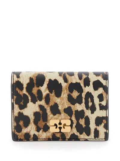 Ganni Brown Card Holder With Butterfly Logo And All-over Leopard Motif In Leather Blend Woman