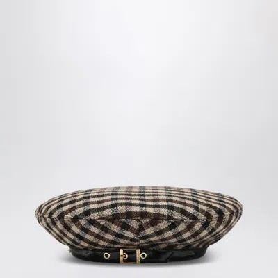 Ganni Brown Check Wool Beret