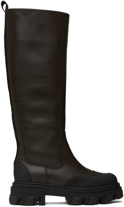 Ganni Brown Cleated Tubular Tall Boots In 979 Chicory Coffee