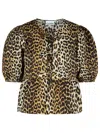Ganni Multicolor Blouse With Front Tie Closure And All-over Leopard Motif In Animal Print