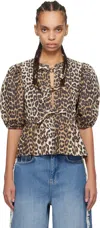 Ganni Multicolor Blouse With Front Tie Closure And All-over Leopard Motif In Cotton Woman In 943 Leopard