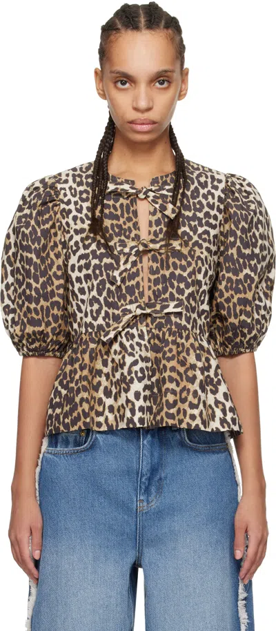 GANNI BROWN COTTON POPLIN PEPLUM TIE BLOUSE