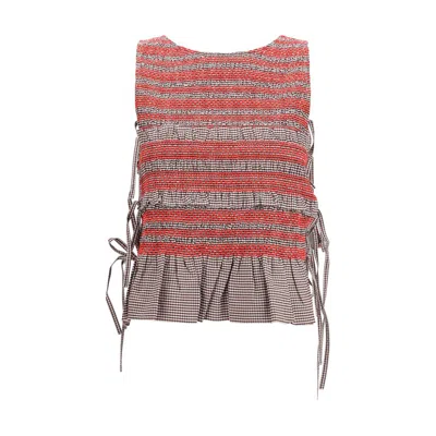 Ganni Brown Cotton Sleeveles T-shirt In Multi