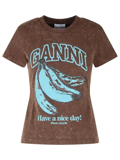 GANNI GANNI BROWN COTTON T SHIRT