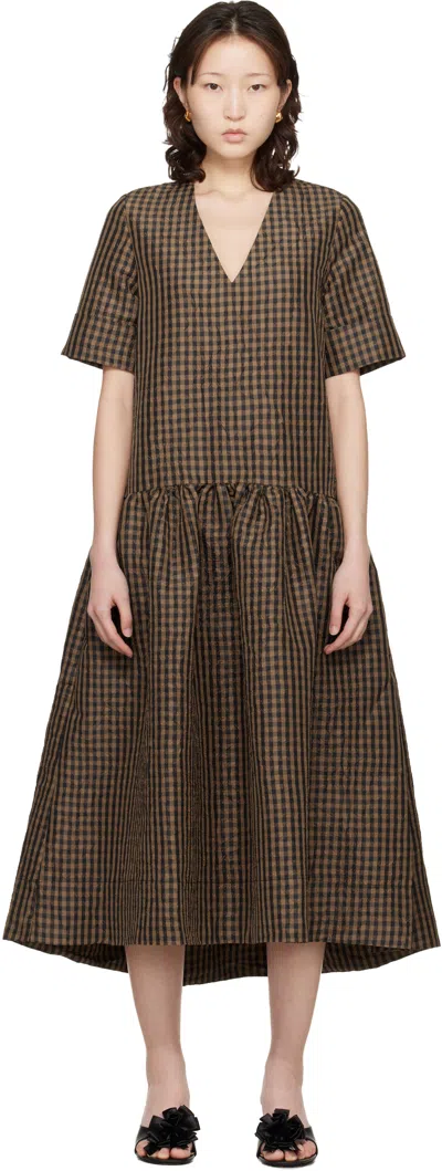 Ganni Brown Crinkled Check Maxi Dress