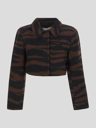 Ganni Brown Cropped Jacket With Zebra Motif In Wool Woman In Black