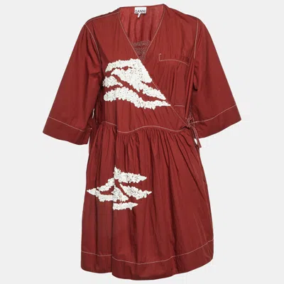Pre-owned Ganni Brown Embellished Cotton Oversized Wrap Mini Dress L/xl
