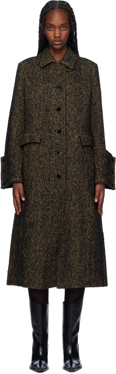 Ganni Brown Herringbone Wool Coat In 886 Shitake