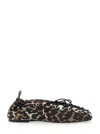 Ganni Brown Lace-up Ballerinas With Metal Eyelets And All-over Print In Fabric Woman
