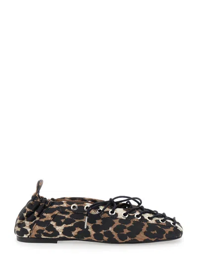 Ganni Brown Lace-up Ballerinas With Metal Eyelets And All-over Print In Fabric Woman