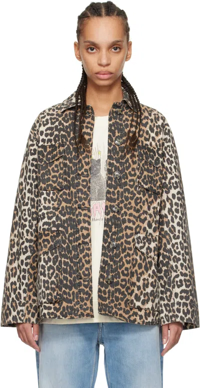 Ganni Brown Leopard Cotton Canvas Jacket In 859 Almond Milk