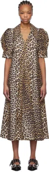 Ganni Brown Leopard Cotton Poplin V-neck Maxi Dress In 943 Leopard