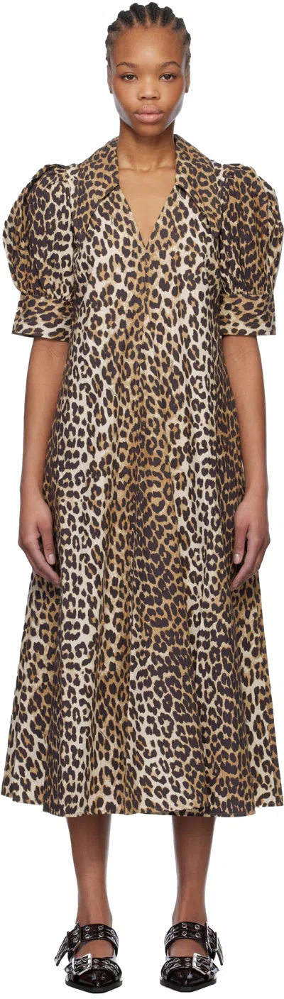 Ganni Brown Leopard Cotton Poplin V-neck Maxi Dress In 943 Leopard