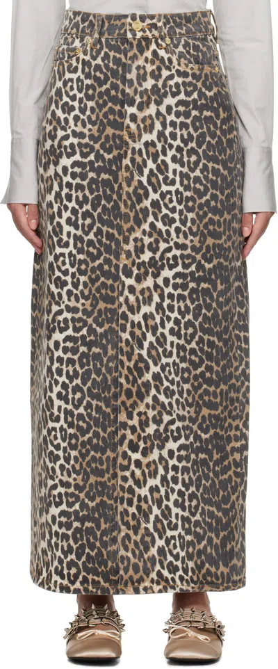GANNI BROWN LEOPARD DENIM MAXI SKIRT