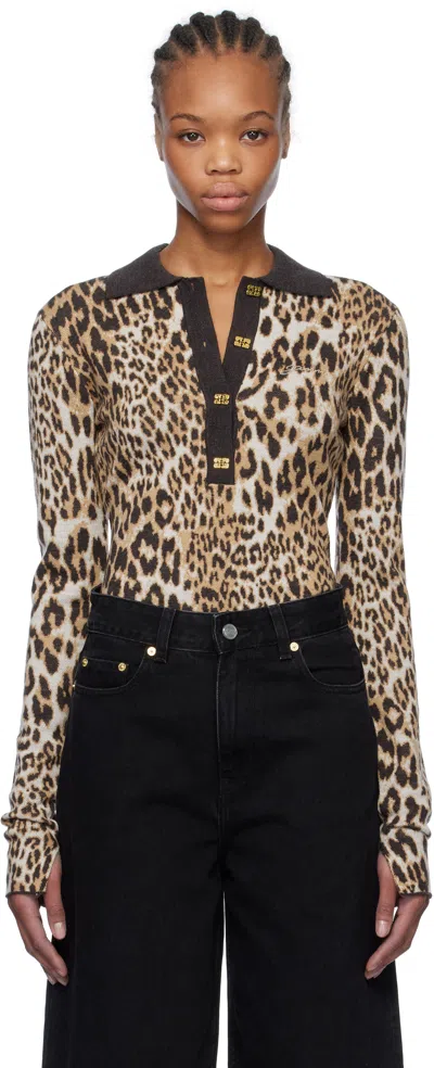 GANNI BROWN LEOPARD KNITTED POLO