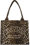 Ganni Brown Tote Bag With Graphic Print On The Front And All-over Leopard Motif In Cotton Woman In Brown