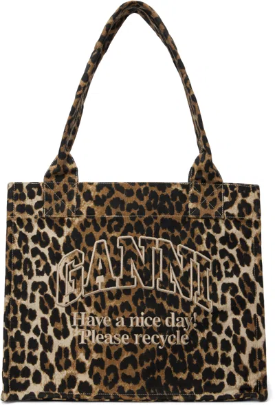 GANNI BROWN LEOPARD LARGE CANVAS TOTE