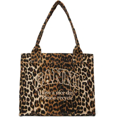 Ganni Brown Tote Bag With Graphic Print On The Front And All-over Leopard Motif In Cotton Woman In Animal Print