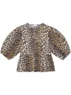 Ganni Multicolor Blouse With Front Tie Closure And All-over Leopard Motif In Cotton Woman In Leopard Print