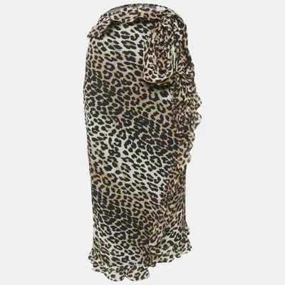 Pre-owned Ganni Brown Leopard Print Mesh Ruffled Wrap Seedpearl Skirt L