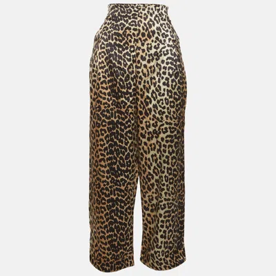 Ganni Brown Leopard Print Satin Wide Leg Pants