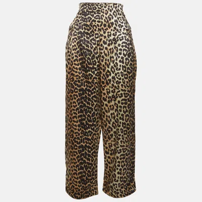 Pre-owned Ganni Brown Leopard Print Satin Wide Leg Pants M