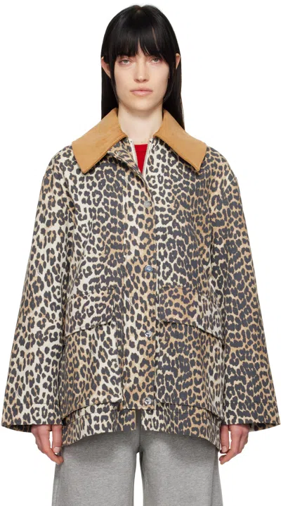 GANNI BROWN LEOPARD PRINTED CANVAS MIDI JACKET