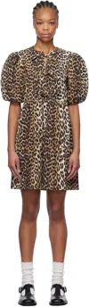 Ganni Brown Leopard Printed Cotton Tie String Minidress In 943 Leopard
