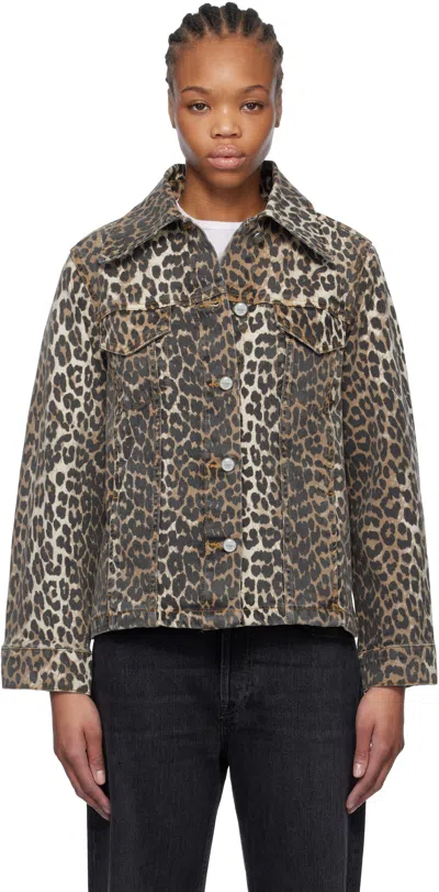 GANNI BROWN LEOPARD PRINTED DENIM JACKET