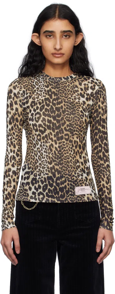 Ganni Brown Leopard Printed Long Sleeve T-shirt In 943 Leopard