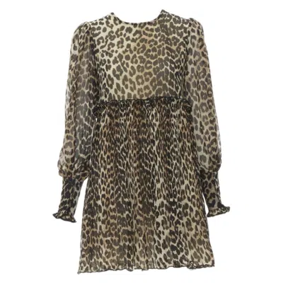 Pre-owned Ganni Brown Leopard Spot Print Pleated Flared Babydoll Dress Fr36 S