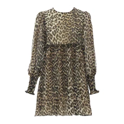Pre-owned Ganni Brown Leopard Spot Print Pleated Flared Babydoll Dress Fr36 S