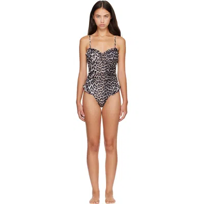 Ganni Brown Leopard Swimsuit In Black