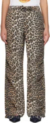 Ganni Brown Leopard Washed Cotton Canvas Drawstring Trousers In 859 Almond Milk