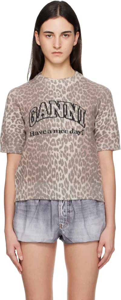 GANNI BROWN LEOPARD WOOL MIX T-SHIRT