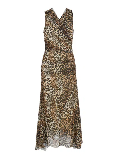 GANNI BROWN LONG DRESS WITH ALL-OVER LEOPARD PRINT AND ASYMMETRIC HEM