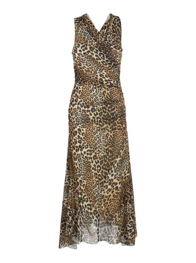 GANNI BROWN LONG DRESS WITH ALL-OVER LEOPARD PRINT AND ASYMMETRIC HEM IN TECH FABRIC WOMAN