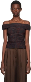 Ganni Brown Off-shoulder Ruched Tank Top In 936 Bitter Chocolate