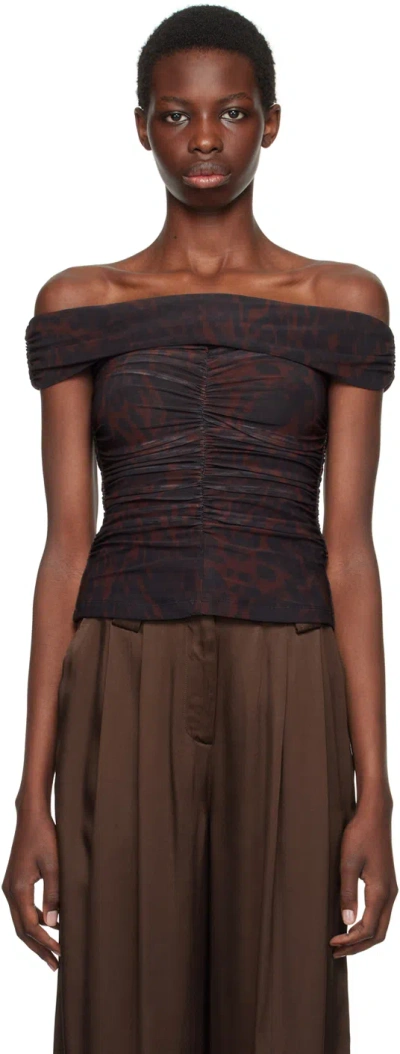 Ganni Brown Off-shoulder Ruched Tank Top In 936 Bitter Chocolate
