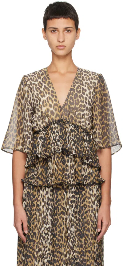 Ganni Brown Pleated Blouse In 859 Almond Milk
