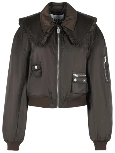 Ganni Brown Polyamide Bomber Jacket Women In Black